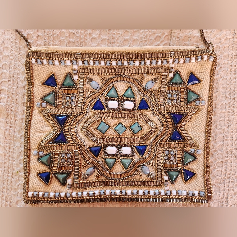 Chico's Embroidered Lucy Crossbody Bag Cream Beaded Boho Clutch Purse Removable